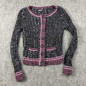 Free People Cardigan Sweater Womens Large Black Pink Striped Button‎ Front Knit